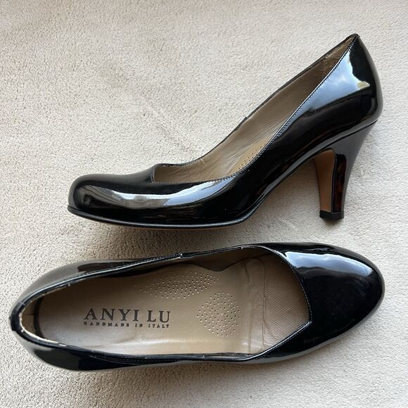ANYI LU Emily Black Patent Leather Pump Heels EU 37.5 US 7.5 Classic Minimalist - Picture 16 of 16
